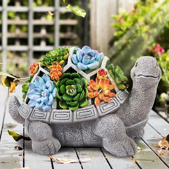 Solar Garden Outdoor Turtle Statue with Succulent 7 LED Lights Outdoor Decor - Picture 1 of 8